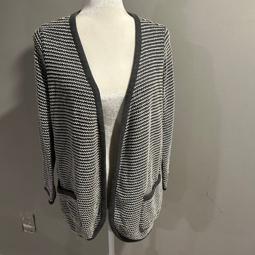 Lands End Striped Knit Cardigan Sweater Womens Medium Petite Gray Cream